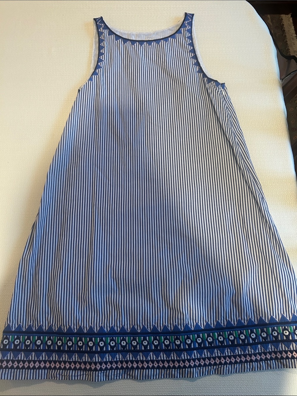Striped A-Line Sleeveless Dress with Embroidered Hem
